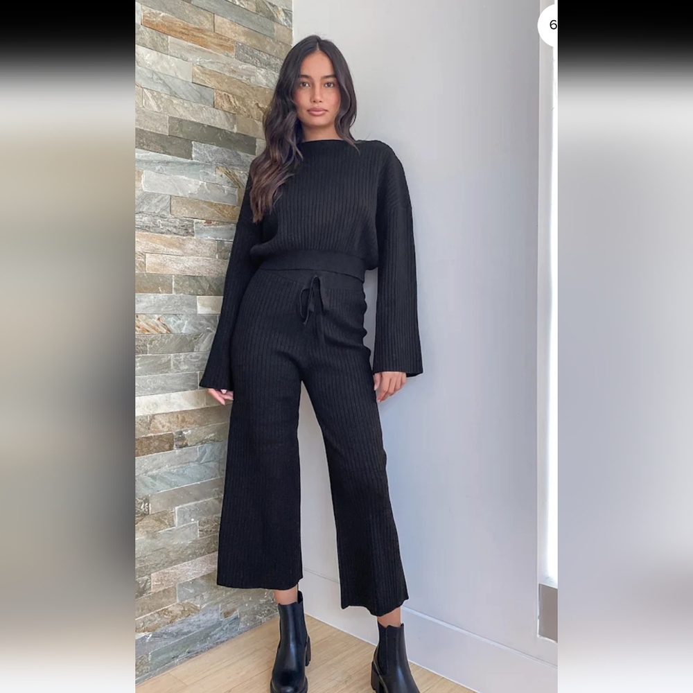 Ribbed Knit Wide-Leg Pants & Cropped Sweater Set Sz Med New Tags Black